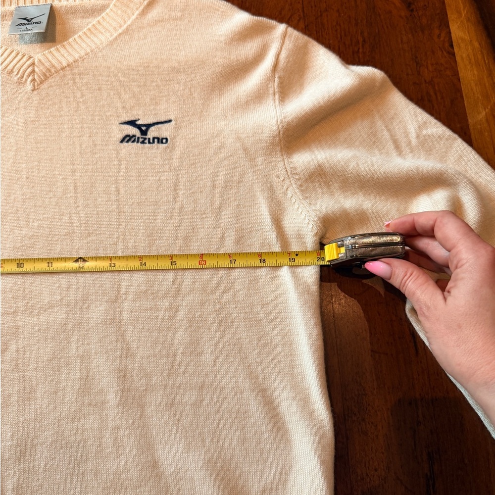 Mizuno Vintage Knit Sweater Cream V-Neck Embroidered Logo L 90s Y2K Wool - Picture 7 of 9